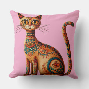 Boho Tribal Cat Cute Folk Art with Flowers Throw Pillow