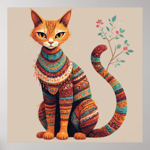 Boho Tribal Cat Illustration Cute Folk Art Design Poster