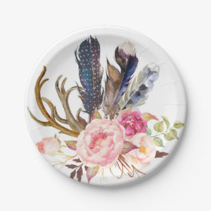 Boho Tribal Chic Feathers and Roses Paper Plate
