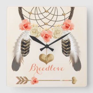 Boho Tribal Clock with Dreamcatcher and Feathers