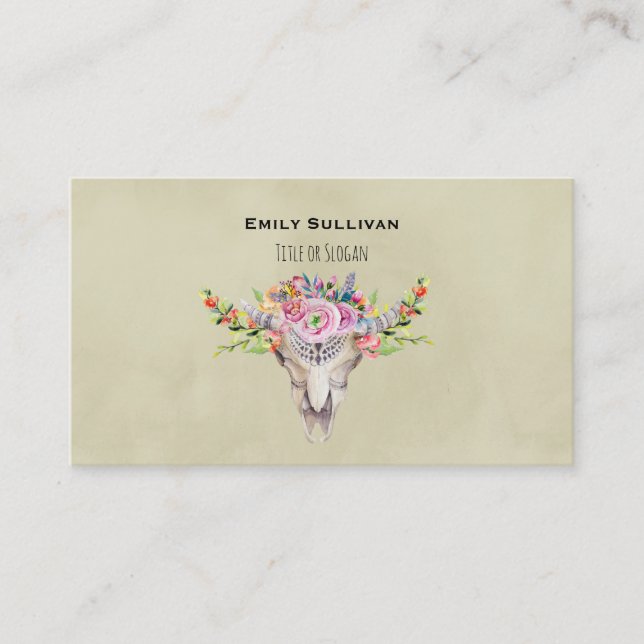 Boho Tribal Cow Skull With Stylish Floral Design Business Card (Front)