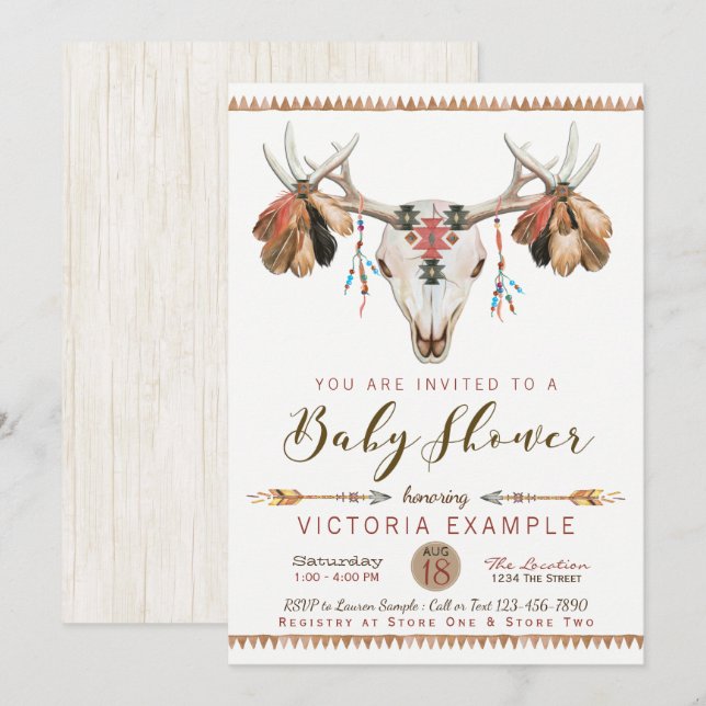 Boho Tribal Deer Crâne Baby Shower Invitations (Devant / Derrière)