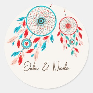 Boho Tribal feather Dreamcatcher Wedding Classic Round Sticker