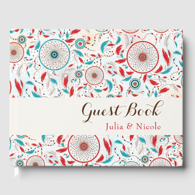 Boho Tribal feather Dreamcatcher Wedding Guest Book (Front)