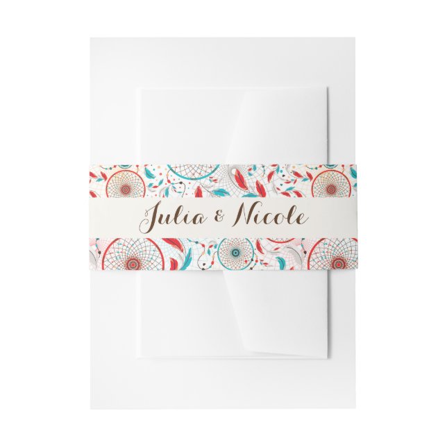 Boho Tribal feather Dreamcatcher Wedding Invitation Belly Band (Front Example)