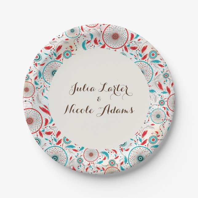 Boho Tribal feather Dreamcatcher Wedding Paper Plate (Front)
