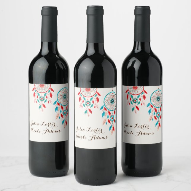 Boho Tribal feather Dreamcatcher Wedding Wine Label (Bottles)