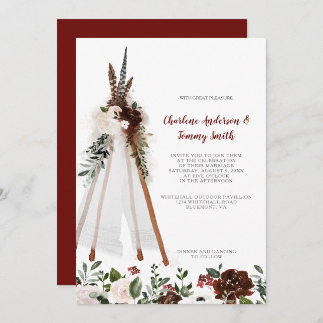 Boho Tribal Feathers Floral Bouquet Teepee Wedding Invitation (Front/Back)