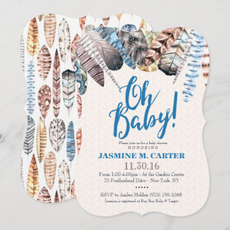 Boho Tribal Feathers Watercolor | Baby Shower Boy Invitation