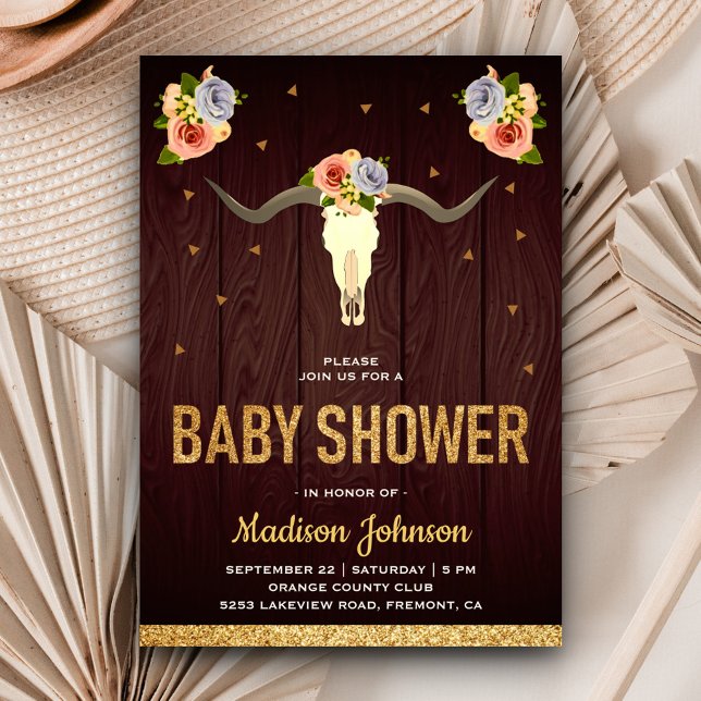 Boho Tribal Floral Cow Skull Baby Shower Invitation (Creator Uploaded)