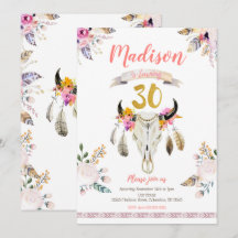 Boho Tribal Floral Skull 30th Birthday Invitation
