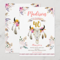 Boho Tribal Floral Skull 40th Birthday Invitation