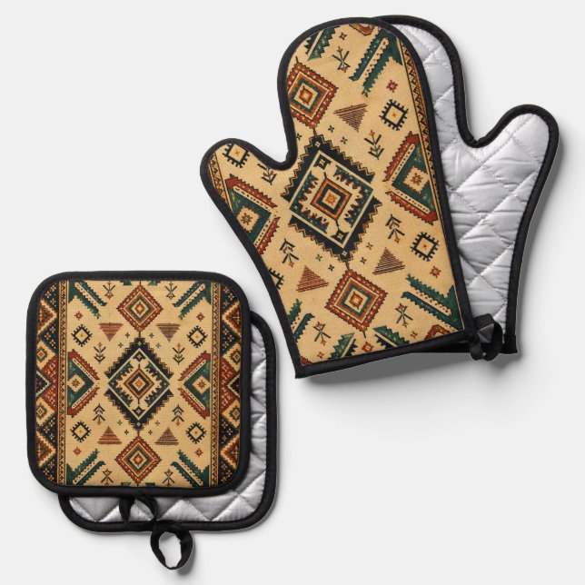 Boho Tribal Geometric Kitchen Oven Mitt & Pot Hold Holder Set (Front/Back)
