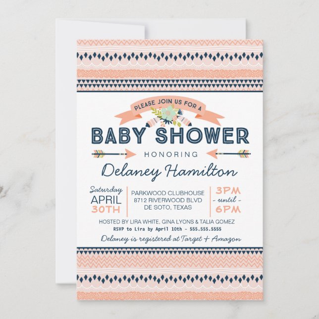 Boho Tribal Peach and Navy Ethnic Baby Shower Invitation (Front)