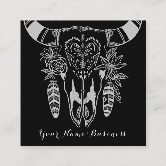 Boho Tribal Skull Black and White Bohemian Square Business Card (Front)