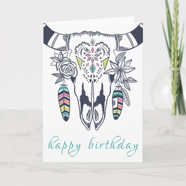 Boho Tribal Skull Bohemian with Turquoise Birthday Card (Front)