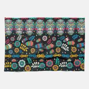 Boho tribal skulls: colourful pattern. kitchen towel