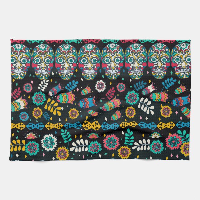 Boho tribal skulls: colourful pattern. kitchen towel (Horizontal)