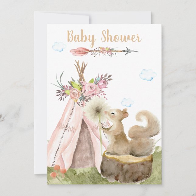 *~* Boho Tribal Teepee Squirrel  Woodland Forest Invitation (Front)