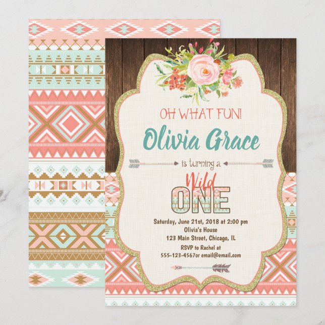 Boho tribal wild one girl 1st birthday invitations (Front/Back)