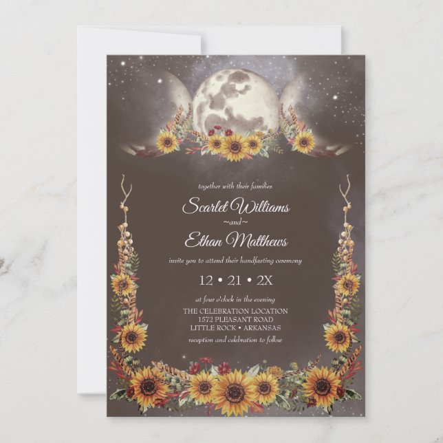Boho Triple Moon Phases Sunflower Handfasting Invitation (Front)