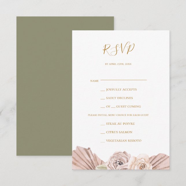 Boho Tropical Botanical Green Menu Choice RSVP (Devant / Derrière)