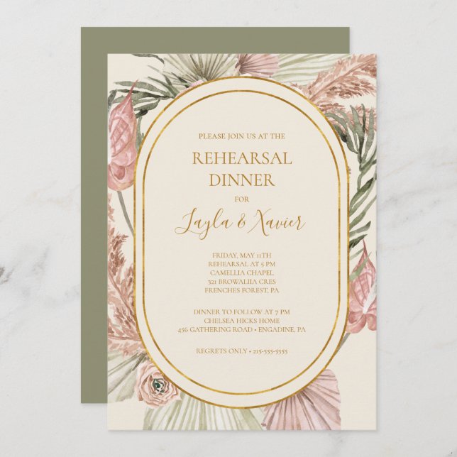 Boho Tropical Botanical | Green Rehearsal Dinner Invitation (Front/Back)