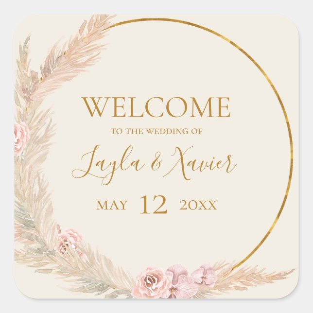 Boho Tropical Botanical | Ivory Wedding Welcome Square Sticker (Front)