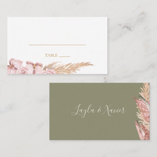 Boho Tropical Botanical Olive Green Flat Wedding Place Card (Front/Back)