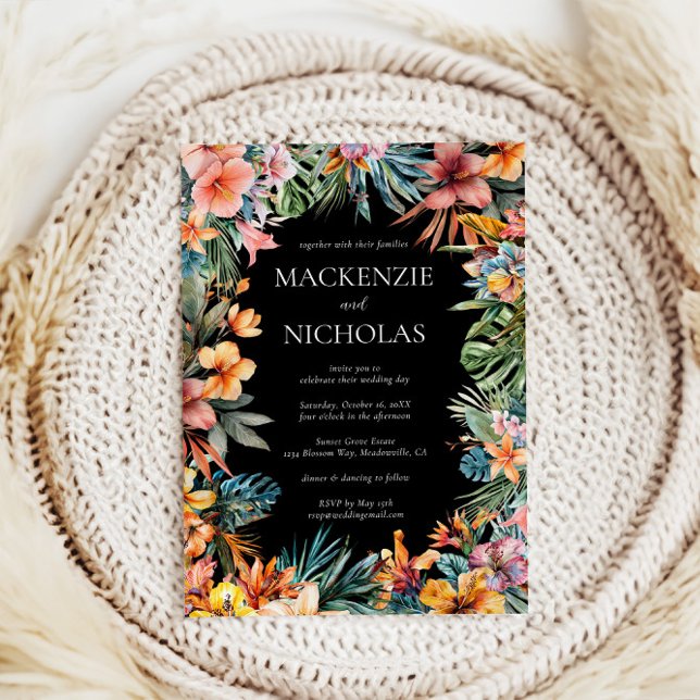 Boho Tropical Floral Black Faire-part de mariage (tropical wedding invitation black
)