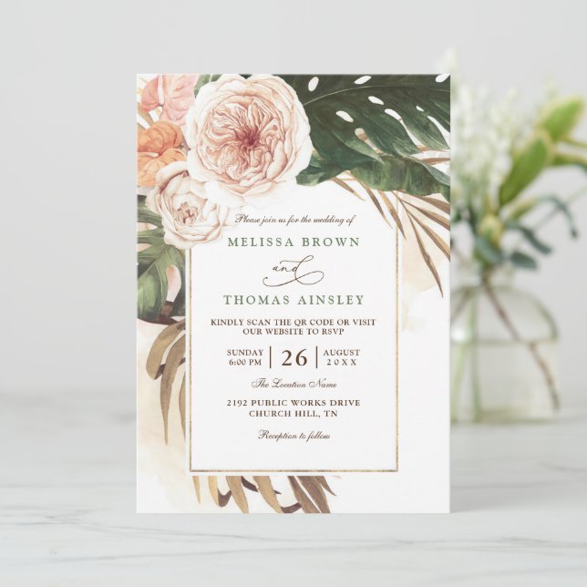 Boho Tropical Floral Desert Chic QR Code Wedding Invitation (Standing Front)