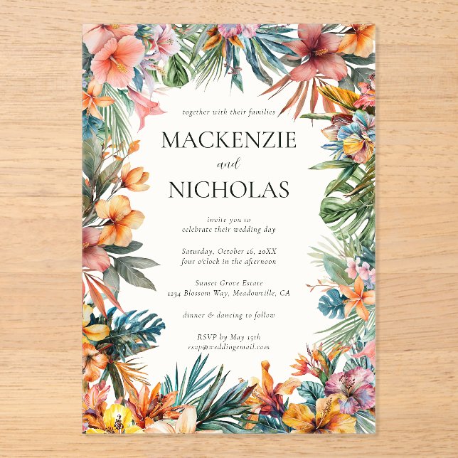 Boho Tropical Floral Mariage Acrylique Invitation (Recto)