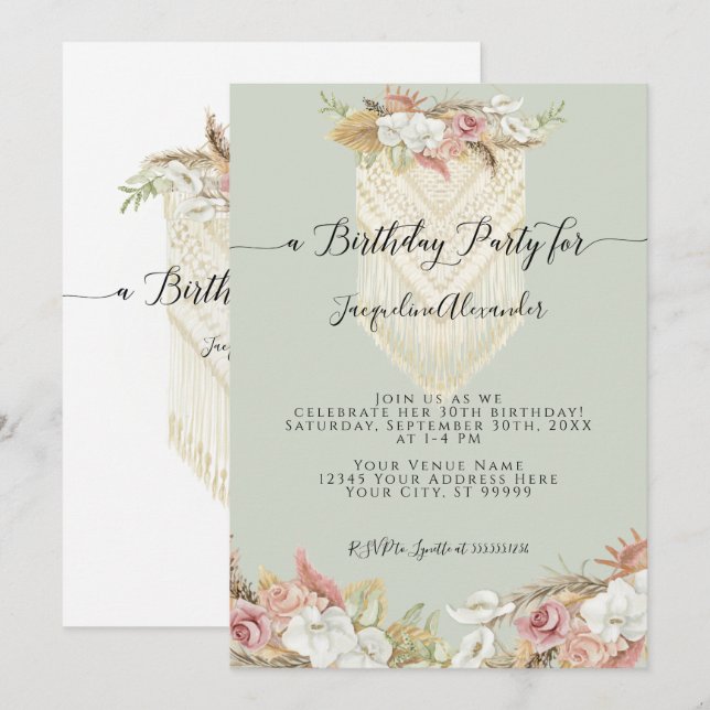 Boho Tropical Floral Pampas Grass Birthday Party Invitation (Front/Back)