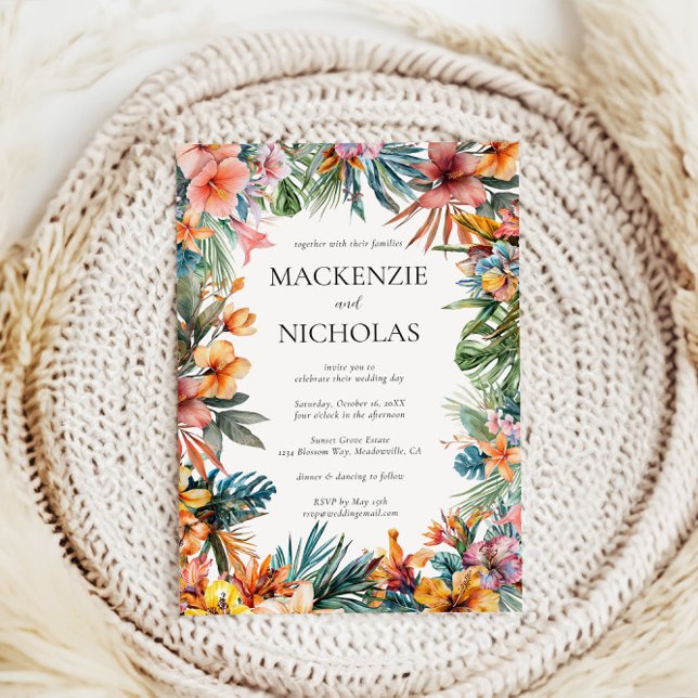 Boho Tropical Floral Wedding Invitation (tropical wedding invitation white)