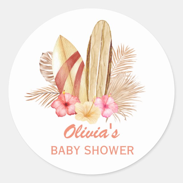 Boho Tropical Flower SurfIng Baby Shower Classic Round Sticker (Front)