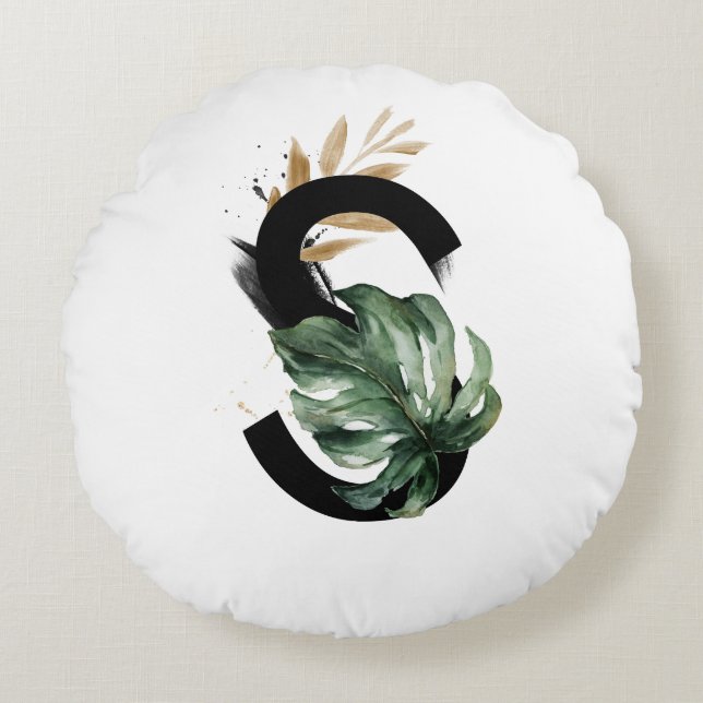 Boho Tropical Greenery Letter S Monogram Round Pillow (Front)