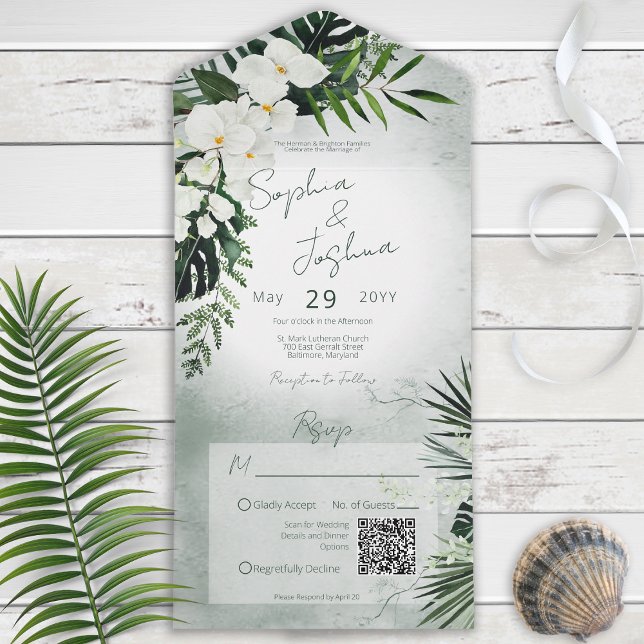 Boho Tropical Greenery Modern Green QR Code All In One Invitation (Creator Uploaded)