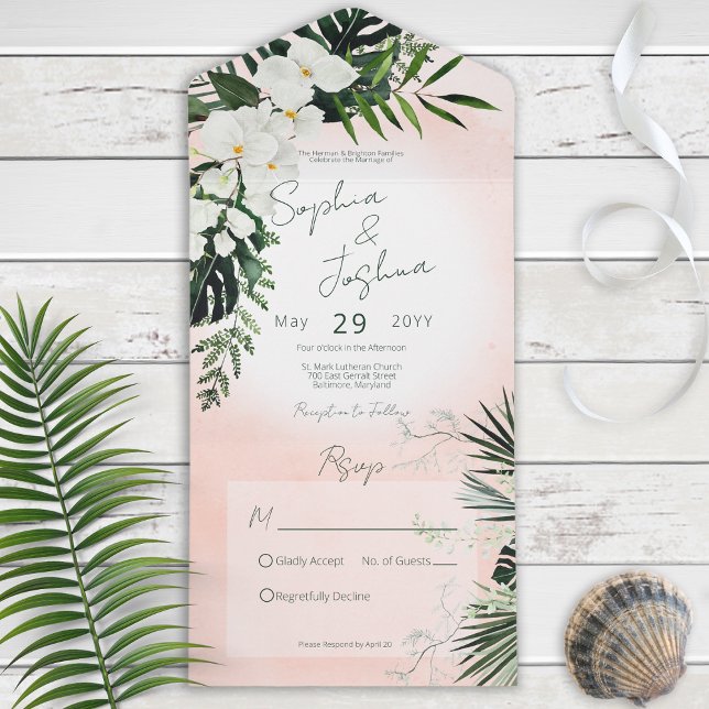 Boho Tropical Greenery Modern Pink Blush No Dinner All In One Invitation (Creator Uploaded)