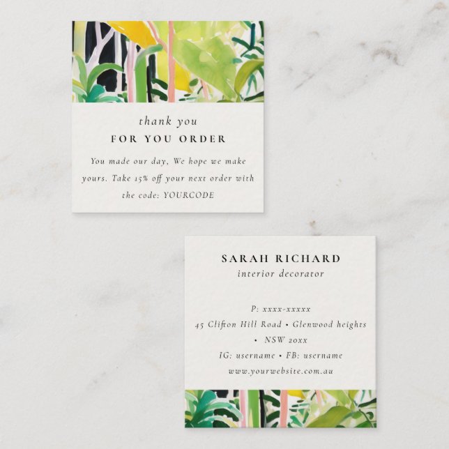 Boho Tropical Leafy Foliage Botanical Thank You Square Business Card (Front/Back)