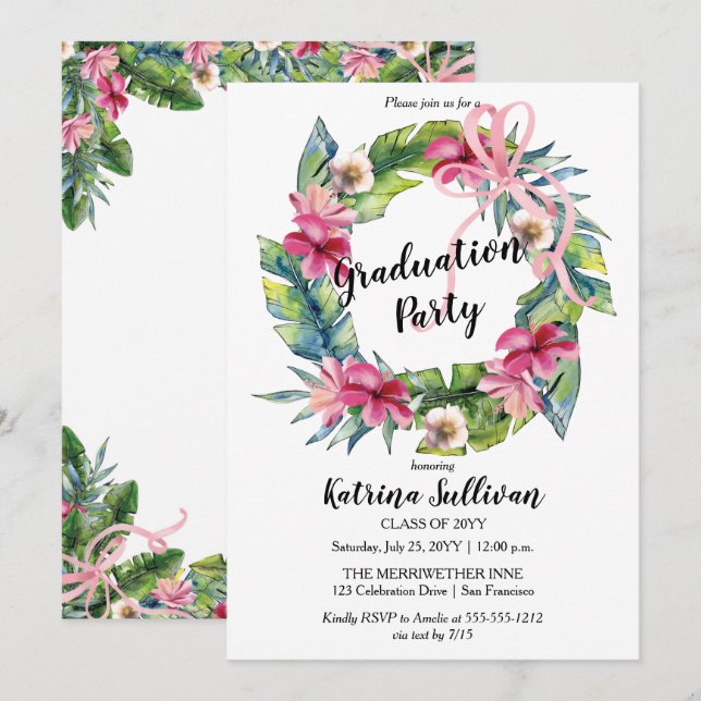 Boho Tropical Leaves | Floral Graduation Party Invitation (Front/Back)