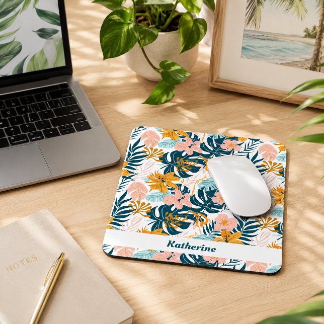 Boho Tropical Leaves Flowers Mouse Pad (Creator Uploaded)