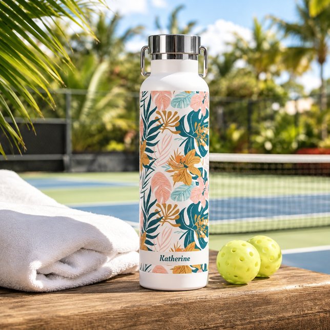 Boho Tropical Leaves Flowers Water Bottle (Creator Uploaded)