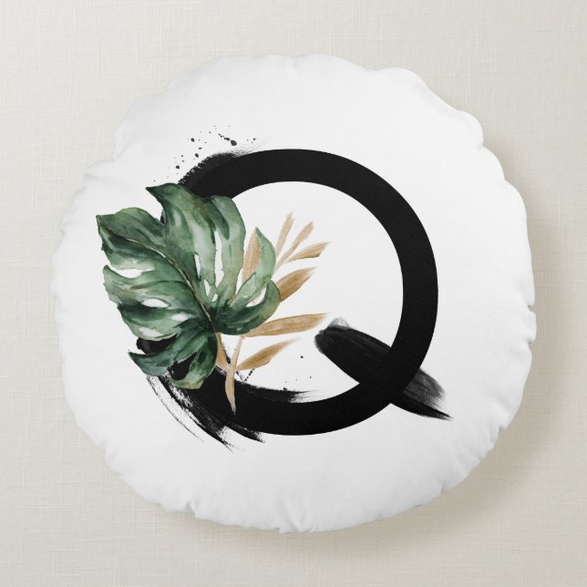 Boho Tropical Monstera Leaf Letter Q Monogram Round Pillow (Front)