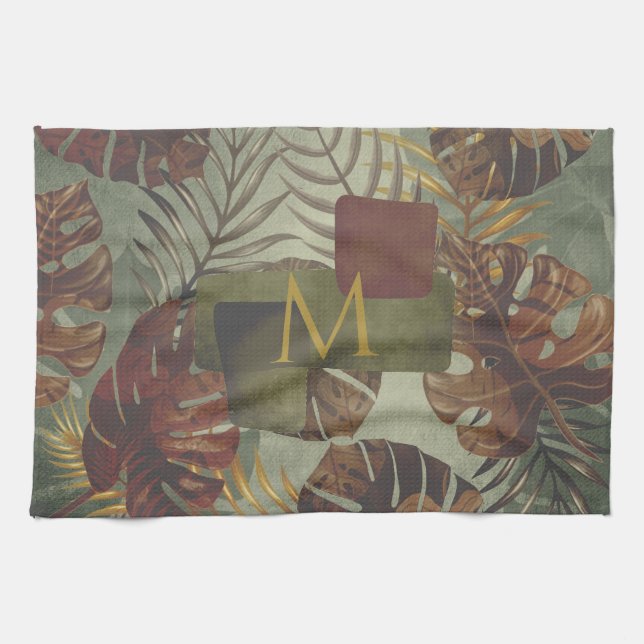 Boho tropical monstera palm leaf 70's summer  kitchen towel (Horizontal)