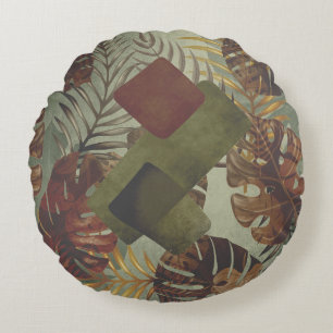 Boho tropical monstera palm leaf 70's summer  thr round pillow