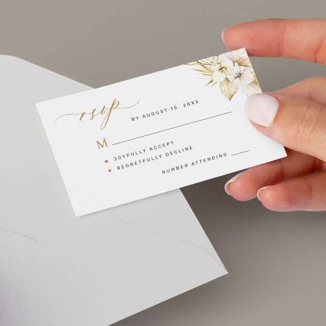 Boho tropical orhid gold script wedding RSVP Card (Creator Uploaded)