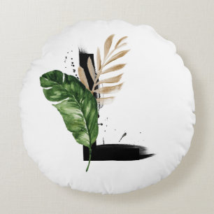 Boho Tropical Palm Leaves Letter L Monogram Round Pillow