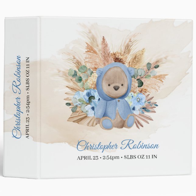Boho tropical pampas boy teddy bear baby shower binder (Front/Spine)