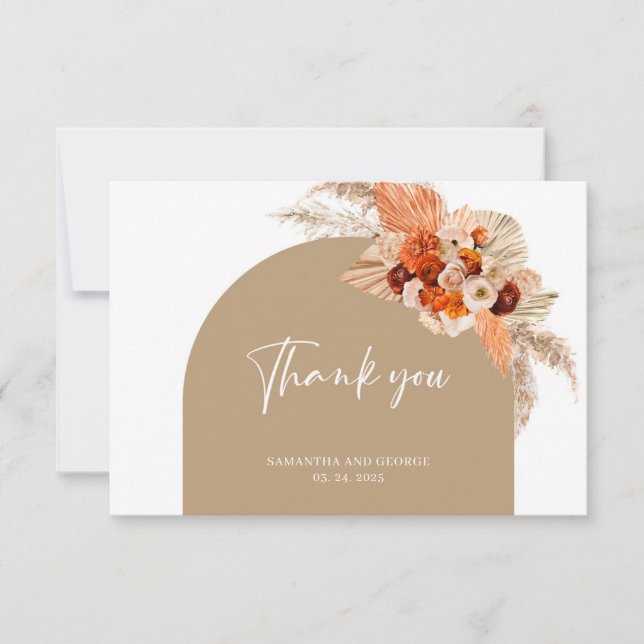 Boho tropical pampas grass burnt orange rusty arch thank you card (Front)