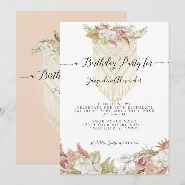 Boho Tropical Pampas Grass Floral Birthday Party Invitation (Front/Back)